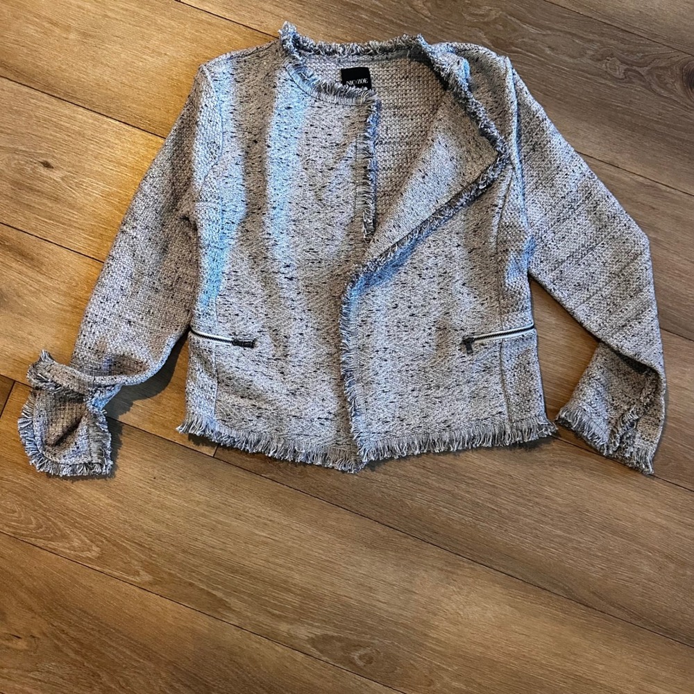 NIC+ZOE Grey White Tweed Fringe Knit Open Front Jacket Zip Pockets Size M